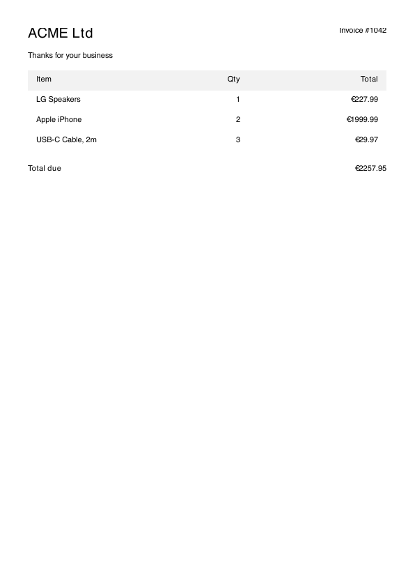 The rendered invoice page: company name and invoice number, a three-column table with a grey header and three rows, and a total line.